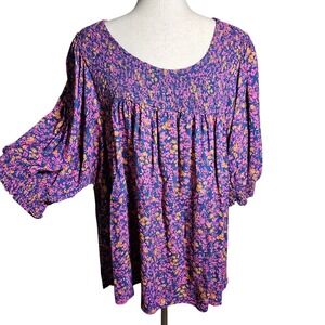 Terra Sky Floral Flowy Tunic Blouse Colorful Purple Pink Orange Print 4x